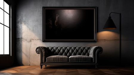 Concept illustration of a modern loft style living room interior with a black frame for a photo poster. Generative AIの素材