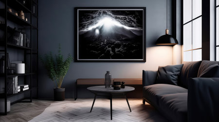 Concept illustration of a modern loft style living room interior with a black frame for a photo poster. Generative AIの素材