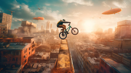 Concept illustration of a high-tech bicycle with anti-gravity technology that proves it through the sky above a cityscape. Generative AIの素材