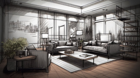 Concept illustration of a abstract sketch design of interior living. Generative AIの素材