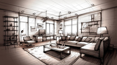 Concept illustration of a abstract sketch design of interior living. Generative AIの素材