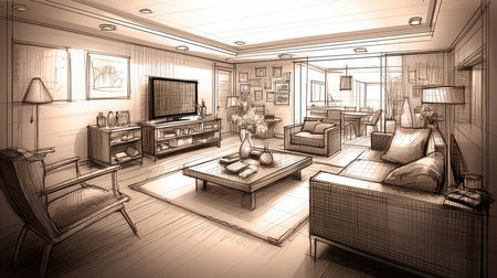 Concept illustration of a abstract sketch design of interior living. Generative AIの素材