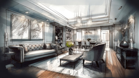 Concept illustration of a abstract sketch design of interior living. Generative AIの素材