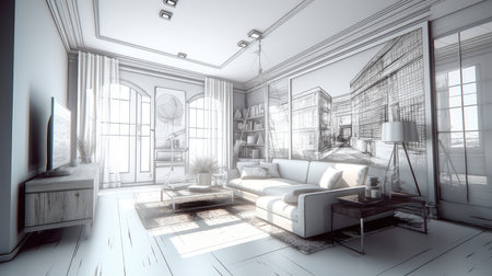 Concept illustration of a abstract sketch design of interior living. Generative AIの素材