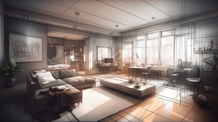 Concept illustration of a abstract sketch design of interior living. Generative AIの素材