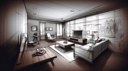 Concept illustration of a abstract sketch design of interior living. Generative AIの素材