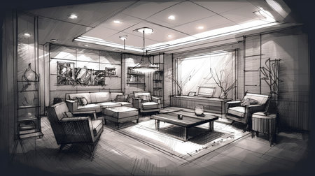 Concept illustration of a abstract sketch design of interior living. Generative AIの素材