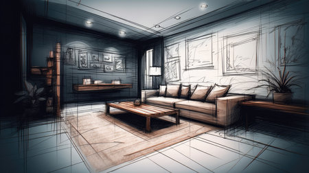 Concept illustration of a abstract sketch design of interior living. Generative AIの素材