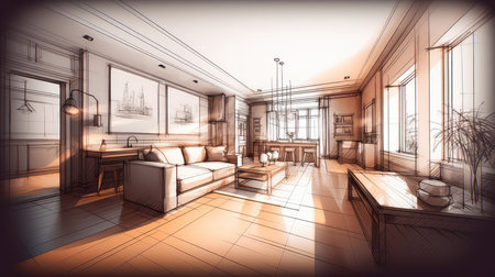 Concept illustration of a abstract sketch design of interior living. Generative AIの素材