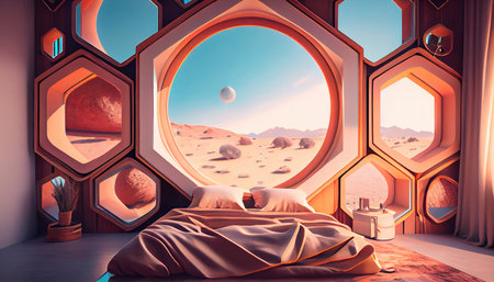 Concept illustration of a stylish bedroom with geometric window in Mars. Generative AIの素材