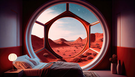 Concept illustration of a stylish bedroom with geometric window in Mars. Generative AIの素材