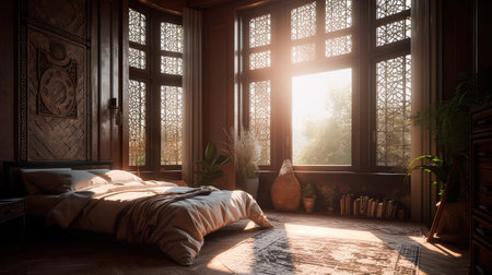 Concept illustration of a stylish bedroom with geometric window in Mars. Generative AIの素材