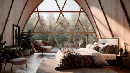 Concept illustration of a stylish bedroom with geometric window in Mars. Generative AIの素材