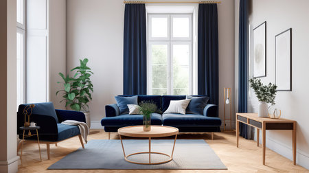 Concept illustration of a warm living room with a dark blue sofa and a large wooden frame, Scandinavian style. Generative AIの素材