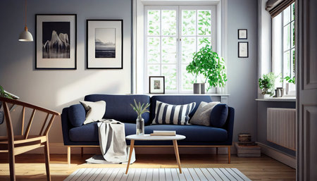 Concept illustration of a warm living room with a dark blue sofa and a large wooden frame, Scandinavian style. Generative AIの素材