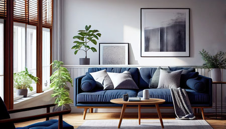 Concept illustration of a warm living room with a dark blue sofa and a large wooden frame, Scandinavian style. Generative AIの素材