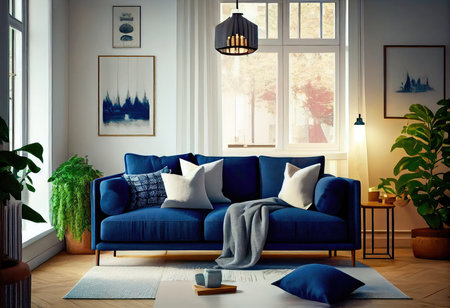 Concept illustration of a warm living room with a dark blue sofa and a large wooden frame, Scandinavian style. Generative AIの素材