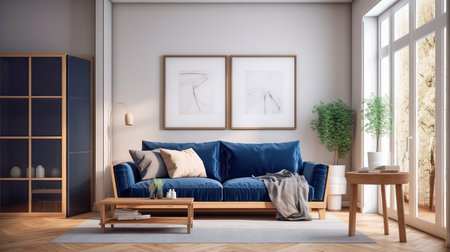 Concept illustration of a warm living room with a dark blue sofa and a large wooden frame, Scandinavian style. Generative AIの素材