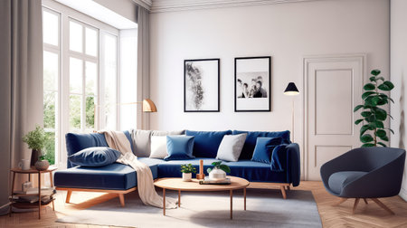 Concept illustration of a warm living room with a dark blue sofa and a large wooden frame, Scandinavian style. Generative AIの素材