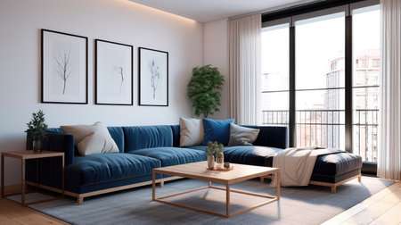 Concept illustration of a warm living room with a dark blue sofa and a large wooden frame, Scandinavian style. Generative AIの素材