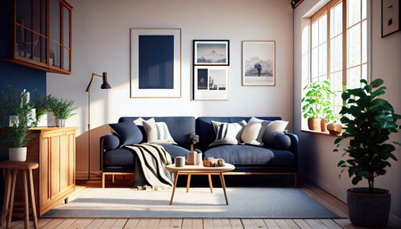 Concept illustration of a warm living room with a dark blue sofa and a large wooden frame, Scandinavian style. Generative AIの素材