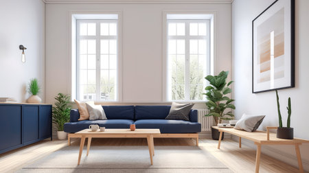 Concept illustration of a warm living room with a dark blue sofa and a large wooden frame, Scandinavian style. Generative AIの素材
