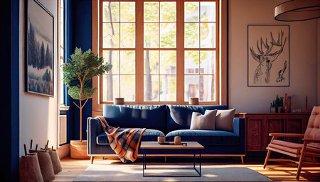 Concept illustration of a warm living room with a dark blue sofa and a large wooden frame, Scandinavian style. Generative AIの素材