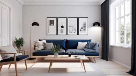 Concept illustration of a warm living room with a dark blue sofa and a large wooden frame, Scandinavian style. Generative AIの素材