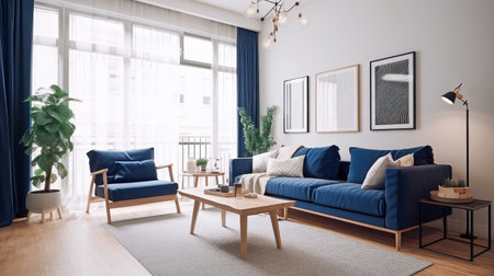Concept illustration of a warm living room with a dark blue sofa and a large wooden frame, Scandinavian style. Generative AIの素材