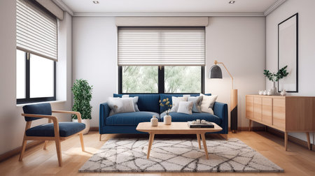 Concept illustration of a warm living room with a dark blue sofa and a large wooden frame, Scandinavian style. Generative AIの素材