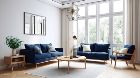 Concept illustration of a warm living room with a dark blue sofa and a large wooden frame, Scandinavian style. Generative AIの素材