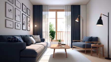 Concept illustration of a warm living room with a dark blue sofa and a large wooden frame, Scandinavian style. Generative AIの素材
