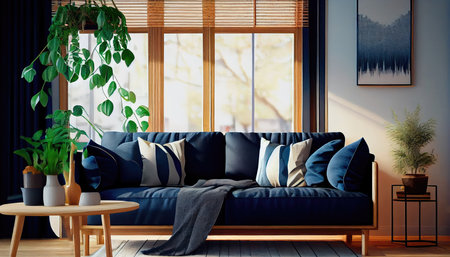 Concept illustration of a warm living room with a dark blue sofa and a large wooden frame, Scandinavian style. Generative AIの素材