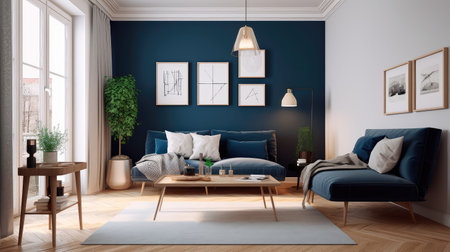 Concept illustration of a warm living room with a dark blue sofa and a large wooden frame, Scandinavian style. Generative AIの素材