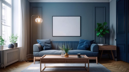 Concept illustration of a warm living room with a dark blue sofa and a large wooden frame, Scandinavian style. Generative AIの素材