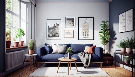 Concept illustration of a warm living room with a dark blue sofa and a large wooden frame, Scandinavian style. Generative AIの素材