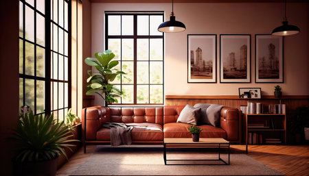 Concept illustration of a warm living room with a brown sofa and a large wooden frame, Scandinavian style. Generative AIの素材