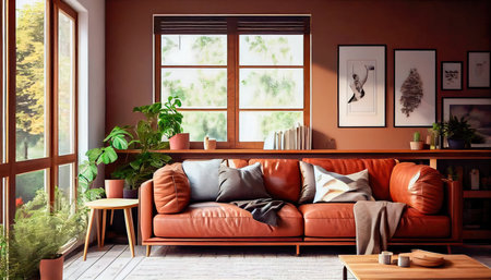 Concept illustration of a warm living room with a brown sofa and a large wooden frame, Scandinavian style. Generative AIの素材
