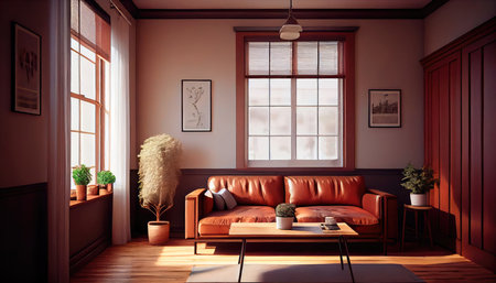 Concept illustration of a warm living room with a brown sofa and a large wooden frame, Scandinavian style. Generative AIの素材