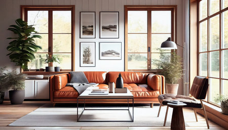 Concept illustration of a warm living room with a brown sofa and a large wooden frame, Scandinavian style. Generative AIの素材