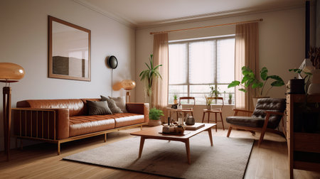 Concept illustration of a warm living room with a brown sofa and a large wooden frame, Scandinavian style. Generative AIの素材