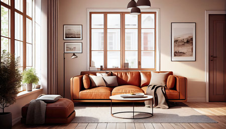 Concept illustration of a warm living room with a brown sofa and a large wooden frame, Scandinavian style. Generative AIの素材