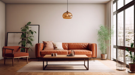 Concept illustration of a warm living room with a brown sofa and a large wooden frame, Scandinavian style. Generative AIの素材