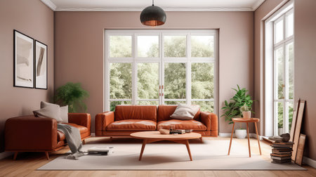 Concept illustration of a warm living room with a brown sofa and a large wooden frame, Scandinavian style. Generative AIの素材