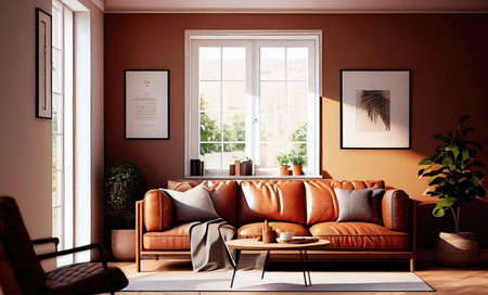 Concept illustration of a warm living room with a brown sofa and a large wooden frame, Scandinavian style. Generative AIの素材