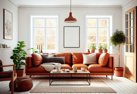 Concept illustration of a warm living room with a brown sofa and a large wooden frame, Scandinavian style. Generative AIの素材