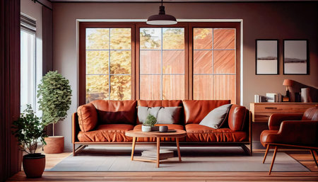 Concept illustration of a warm living room with a brown sofa and a large wooden frame, Scandinavian style. Generative AIの素材