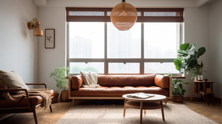 Concept illustration of a warm living room with a brown sofa and a large wooden frame, Scandinavian style. Generative AIの素材