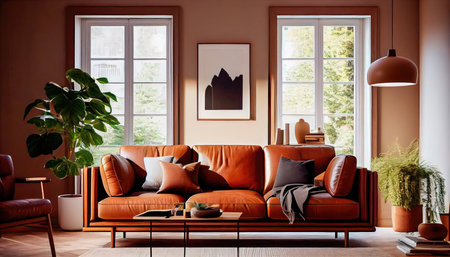 Concept illustration of a warm living room with a brown sofa and a large wooden frame, Scandinavian style. Generative AIの素材