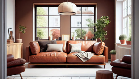 Concept illustration of a warm living room with a brown sofa and a large wooden frame, Scandinavian style. Generative AIの素材